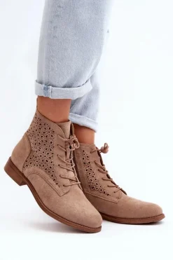 Damskie buty S.Barski Botki Wiosenne|Botki Ażurowe*S.Barski HY66-136 Damskie Botki Ze Wzorem Beżowe Beżowy