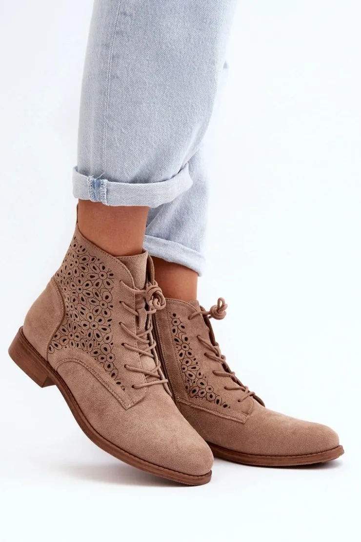 Damskie buty S.Barski Botki Wiosenne|Botki Ażurowe*S.Barski HY66-136 Damskie Botki Ze Wzorem Beżowe Beżowy