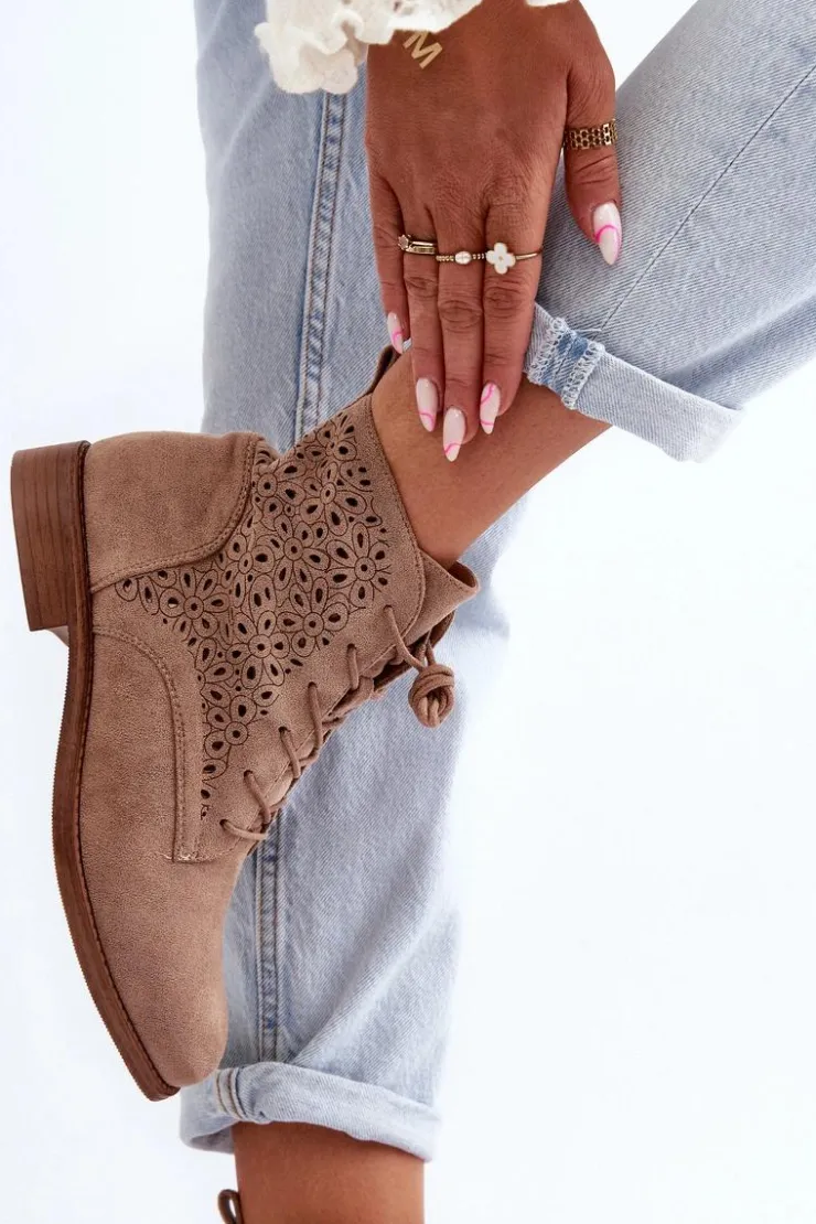 Damskie buty S.Barski Botki Wiosenne|Botki Ażurowe*S.Barski HY66-136 Damskie Botki Ze Wzorem Beżowe Beżowy