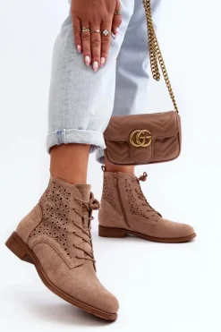 Damskie buty S.Barski Botki Wiosenne|Botki Ażurowe*S.Barski HY66-136 Damskie Botki Ze Wzorem Beżowe Beżowy