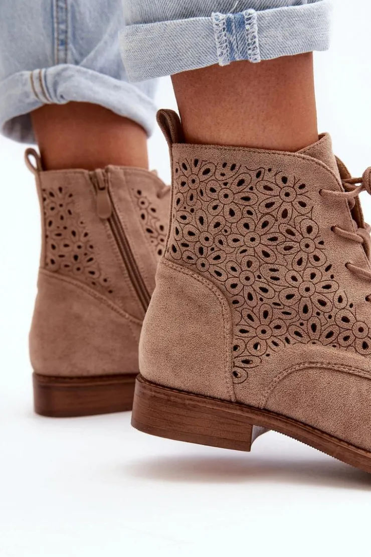 Damskie buty S.Barski Botki Wiosenne|Botki Ażurowe*S.Barski HY66-136 Damskie Botki Ze Wzorem Beżowe Beżowy