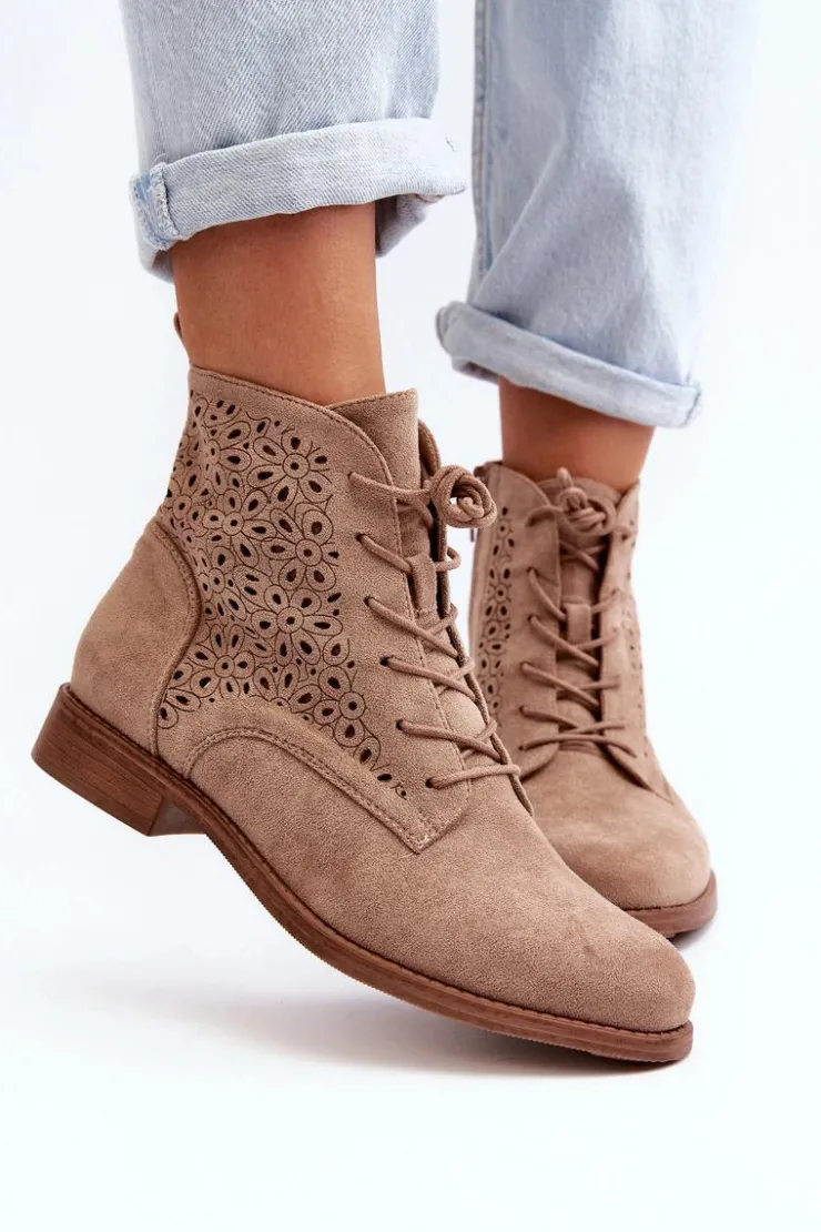 Damskie buty S.Barski Botki Wiosenne|Botki Ażurowe*S.Barski HY66-136 Damskie Botki Ze Wzorem Beżowe Beżowy
