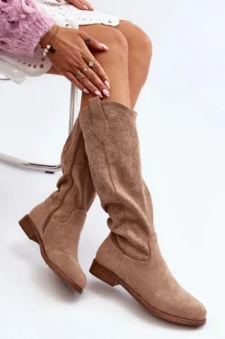 Clearance Damskie buty S.Barski S.Barski HY66-132 Kozaki Damskie Ażurowe Beżowe