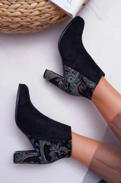 New Buty Sergio Leone Sergio Leone Czarne Botki Na Słupku Kwiaty Folk Eros