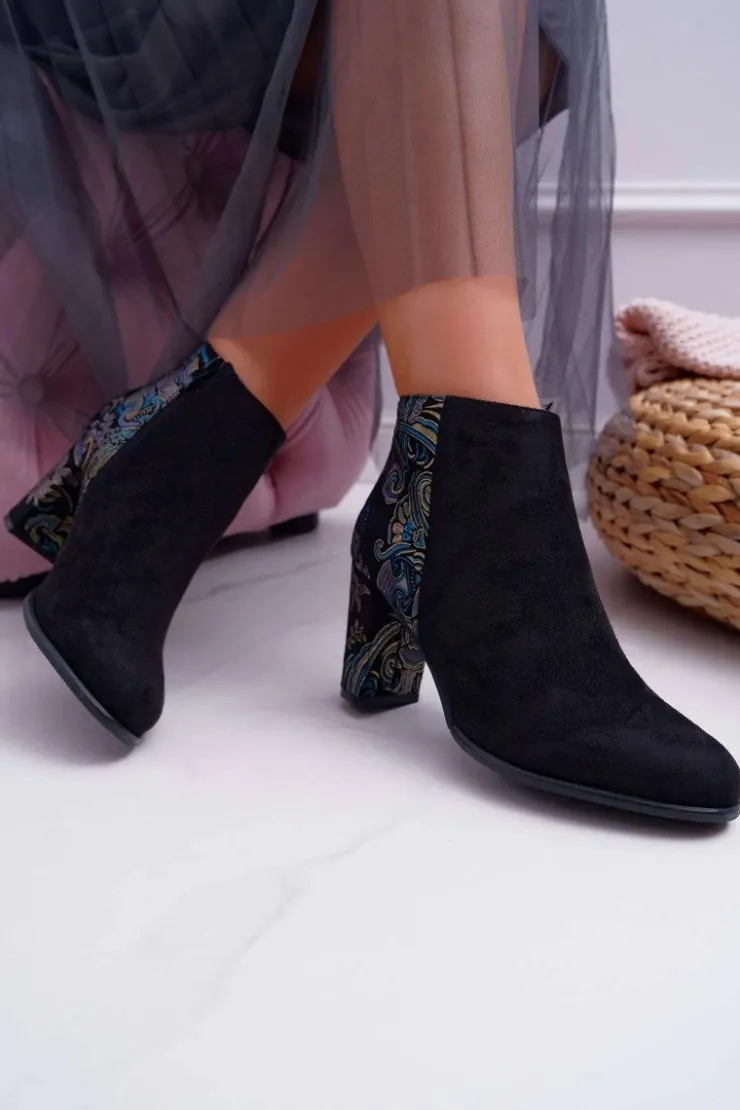 New Buty Sergio Leone Sergio Leone Czarne Botki Na Słupku Kwiaty Folk Eros