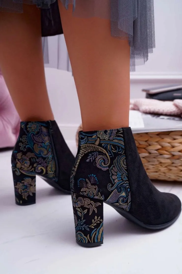 New Buty Sergio Leone Sergio Leone Czarne Botki Na Słupku Kwiaty Folk Eros