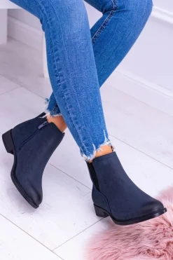 Damskie Buty Sergio Leone Sergio Leone Granatowe Botki Sztyblety Nubuk Płaski Obcas Vuko