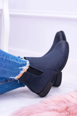 Damskie Buty Sergio Leone Sergio Leone Granatowe Botki Sztyblety Nubuk Płaski Obcas Vuko