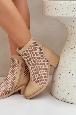 Damskie Boto Siateczkowe Botki Damskie Na Obcasie Beżowe Lithyia