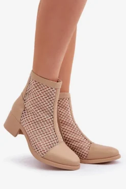 Damskie Boto Siateczkowe Botki Damskie Na Obcasie Beżowe Lithyia