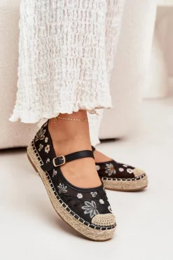 Damskie Boto Siateczkowe Espadryle Z Haftem Na Platformie Czarne Laxisa