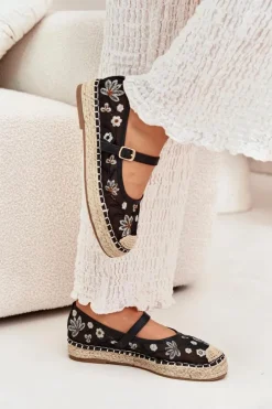 Damskie Boto Siateczkowe Espadryle Z Haftem Na Platformie Czarne Laxisa