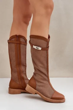 Online Boto Siateczkowe Kozaki Na Płaskim Obcasie Do Połowy Łydki Brązowe Asgerda
