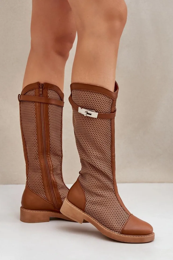 Online Boto Siateczkowe Kozaki Na Płaskim Obcasie Do Połowy Łydki Brązowe Asgerda