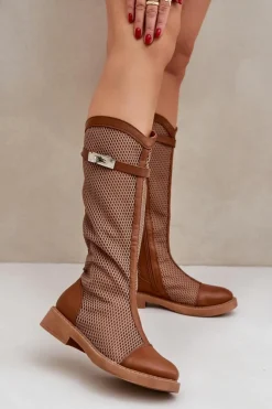 Online Boto Siateczkowe Kozaki Na Płaskim Obcasie Do Połowy Łydki Brązowe Asgerda