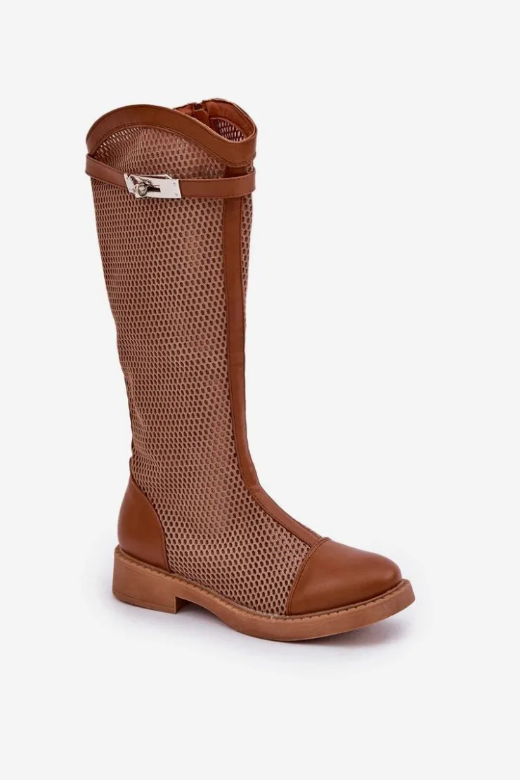 Online Boto Siateczkowe Kozaki Na Płaskim Obcasie Do Połowy Łydki Brązowe Asgerda