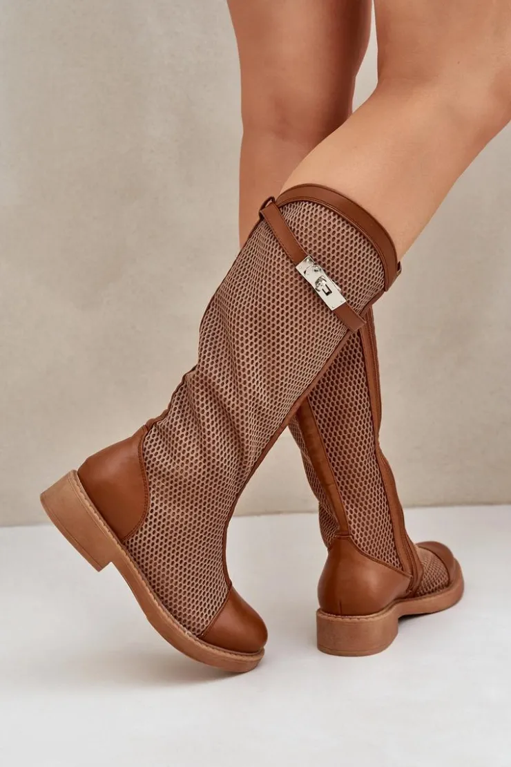 Online Boto Siateczkowe Kozaki Na Płaskim Obcasie Do Połowy Łydki Brązowe Asgerda