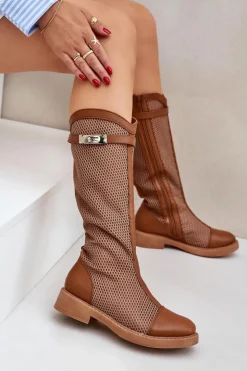Online Boto Siateczkowe Kozaki Na Płaskim Obcasie Do Połowy Łydki Brązowe Asgerda