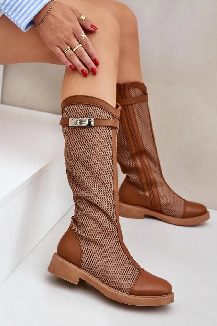 Online Boto Siateczkowe Kozaki Na Płaskim Obcasie Do Połowy Łydki Brązowe Asgerda