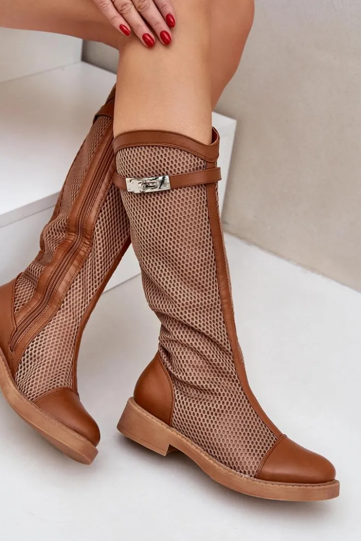 Online Boto Siateczkowe Kozaki Na Płaskim Obcasie Do Połowy Łydki Brązowe Asgerda