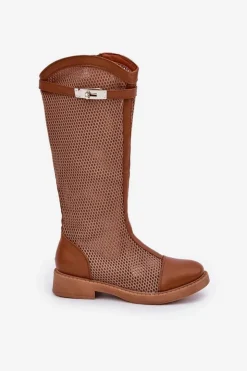 Online Boto Siateczkowe Kozaki Na Płaskim Obcasie Do Połowy Łydki Brązowe Asgerda