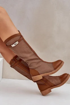 Online Boto Siateczkowe Kozaki Na Płaskim Obcasie Do Połowy Łydki Brązowe Asgerda
