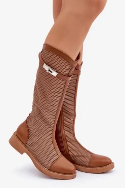 Online Boto Siateczkowe Kozaki Na Płaskim Obcasie Do Połowy Łydki Brązowe Asgerda