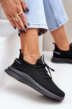 Boto Sneakersy Damskie*Siateczkowe Wsuwane Buty Sportowe Damskie Czarne Harice Czarny