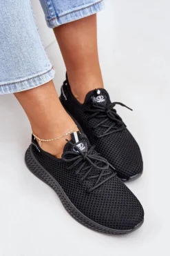 Boto Sneakersy Damskie*Siateczkowe Wsuwane Buty Sportowe Damskie Czarne Harice Czarny