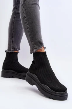 Boto Botki Wiosenne|Botki Sznurowane*Skarpetkowe Botki Na Masywnej Podeszwie Wsuwane Damskie Czarne Elipara