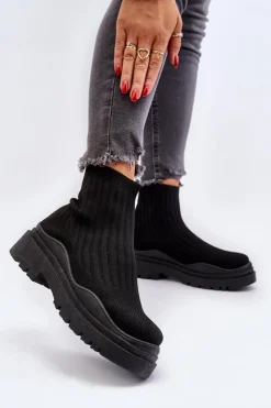 Boto Botki Wiosenne|Botki Sznurowane*Skarpetkowe Botki Na Masywnej Podeszwie Wsuwane Damskie Czarne Elipara