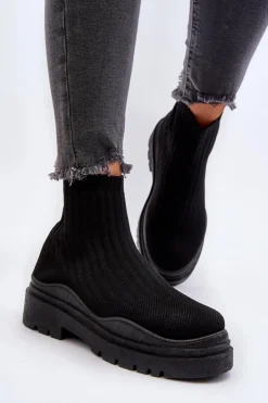 Boto Botki Wiosenne|Botki Sznurowane*Skarpetkowe Botki Na Masywnej Podeszwie Wsuwane Damskie Czarne Elipara