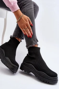 Boto Botki Wiosenne|Botki Sznurowane*Skarpetkowe Botki Na Masywnej Podeszwie Wsuwane Damskie Czarne Elipara