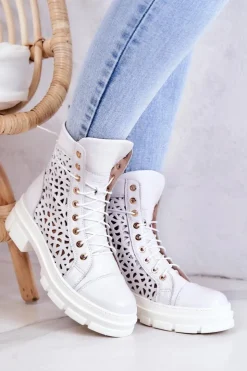 Damskie Boto Skórzane Ażurowe Botki Białe Aileen
