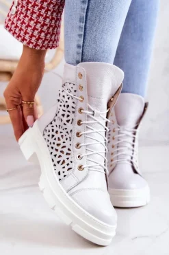 Damskie Boto Skórzane Ażurowe Botki Białe Aileen