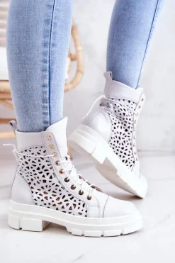 Damskie Boto Skórzane Ażurowe Botki Białe Aileen