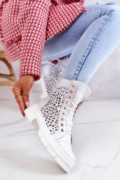 Damskie Boto Skórzane Ażurowe Botki Białe Aileen