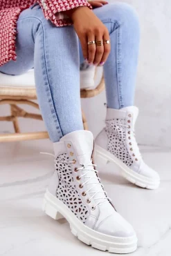 Damskie Boto Skórzane Ażurowe Botki Białe Aileen