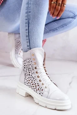 Damskie Boto Skórzane Ażurowe Botki Białe Aileen