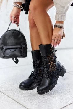 Boto Damskie Trapery|Botki Sznurowane*Skórzane Ażurowe Botki Czarne Menie