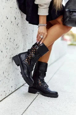 Boto Damskie Trapery|Botki Sznurowane*Skórzane Ażurowe Botki Czarne Menie