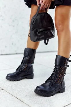 Boto Damskie Trapery|Botki Sznurowane*Skórzane Ażurowe Botki Czarne Menie