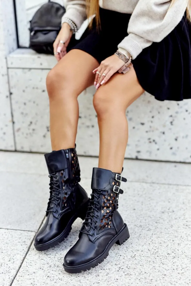 Boto Damskie Trapery|Botki Sznurowane*Skórzane Ażurowe Botki Czarne Menie