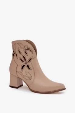 Outlet Zazoo Skórzane Ażurowe Botki Damskie Na Słupku 3647 Jasnobeżowe Beżowy