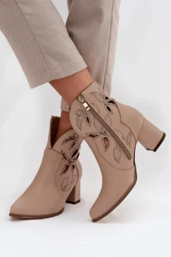 Outlet Zazoo Skórzane Ażurowe Botki Damskie Na Słupku 3647 Jasnobeżowe Beżowy