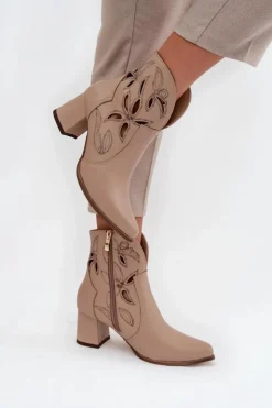 Outlet Zazoo Skórzane Ażurowe Botki Damskie Na Słupku 3647 Jasnobeżowe Beżowy