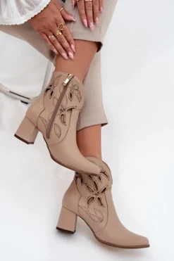Outlet Zazoo Skórzane Ażurowe Botki Damskie Na Słupku 3647 Jasnobeżowe Beżowy