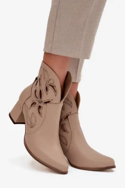Outlet Zazoo Skórzane Ażurowe Botki Damskie Na Słupku 3647 Jasnobeżowe Beżowy