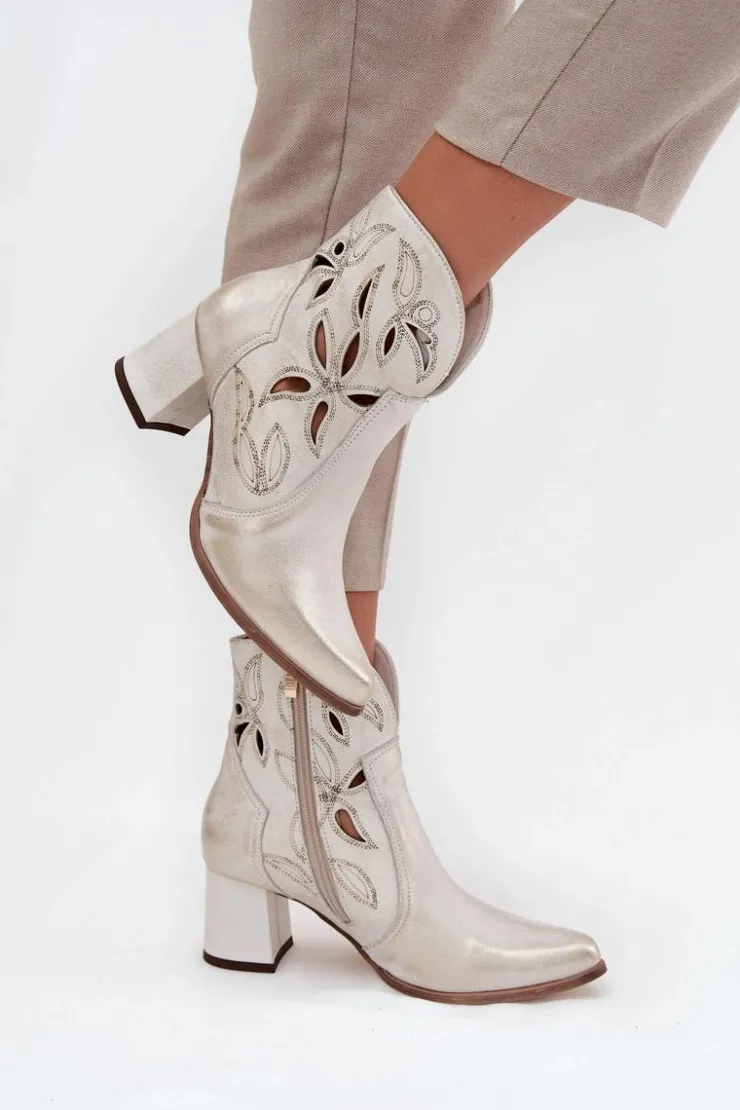 Zazoo Botki Skórzane|Botki Na Słupku*Skórzane Ażurowe Botki Damskie Na Słupku 3647 Przecierany Złoty