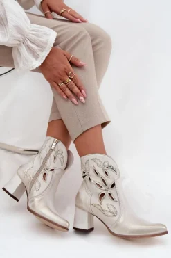 Zazoo Botki Skórzane|Botki Na Słupku*Skórzane Ażurowe Botki Damskie Na Słupku 3647 Przecierany Złoty